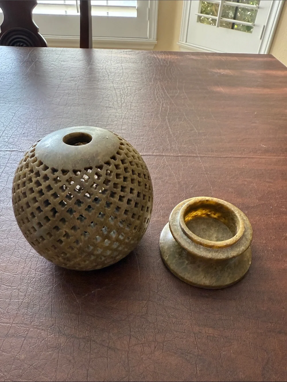 Hand Carved Soapstone Tea Light Holder Jali Spherical Past Reflections; 6” T